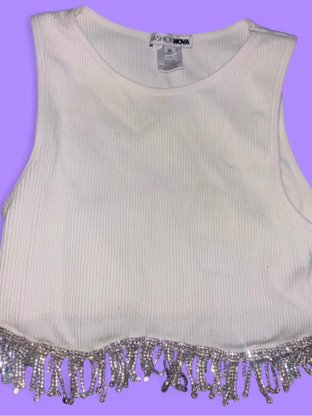 Fashion Nova White Ribbed Crop Tank with Rhinestone Fringe Hem